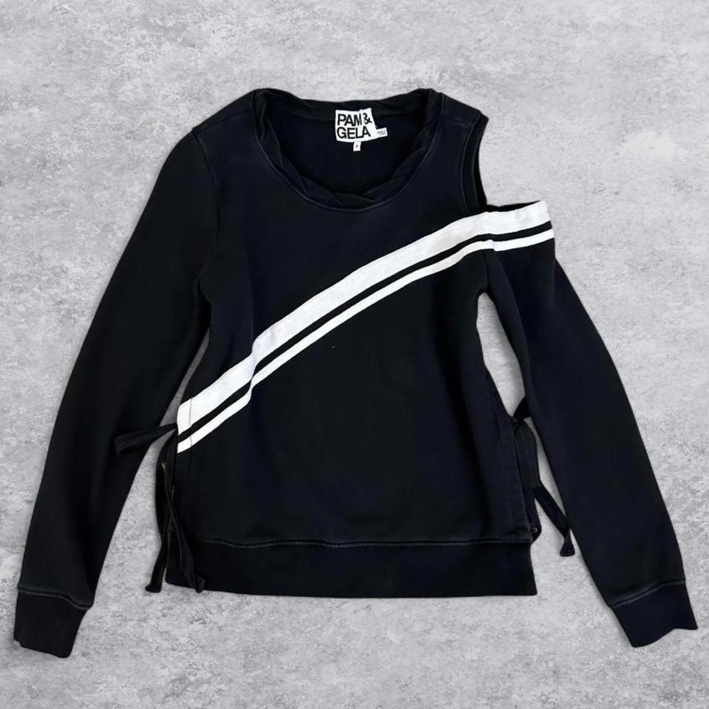 Pam & Gela Black Cold Shoulder Side Tie Striped Sweatshirt Taylor Swift Size P